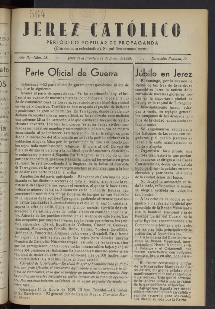 Miniatura de Jerez católico : periódico popular de propaganda del 17 de enero de 1939, nº 28
