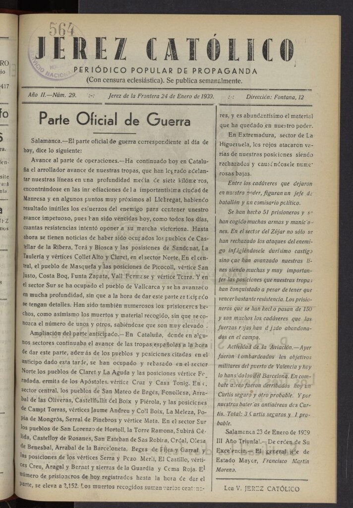 Miniatura de Jerez católico : periódico popular de propaganda del 24 de enero de 1939, nº 29