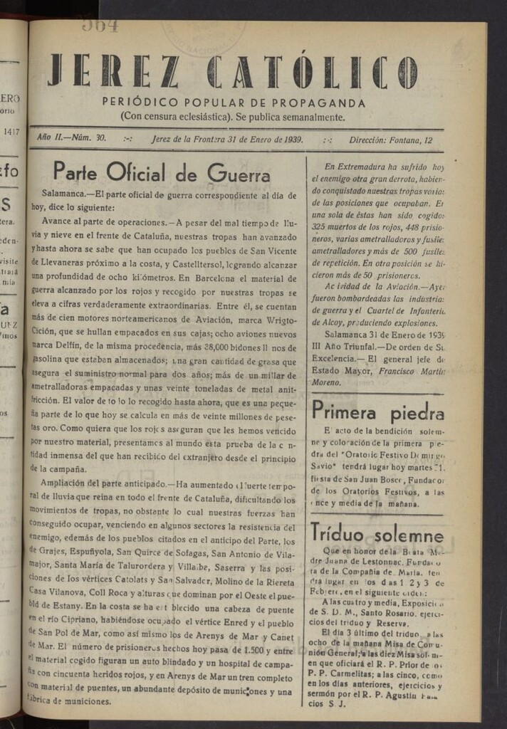Miniatura de Jerez católico : periódico popular de propaganda del 31 de enero de 1939, nº 30