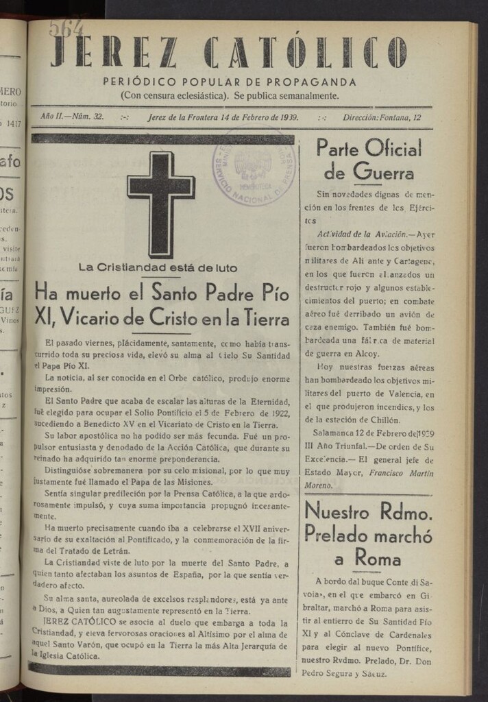 Miniatura de Jerez católico : periódico popular de propaganda del 14 de febrero de 1939, nº 32