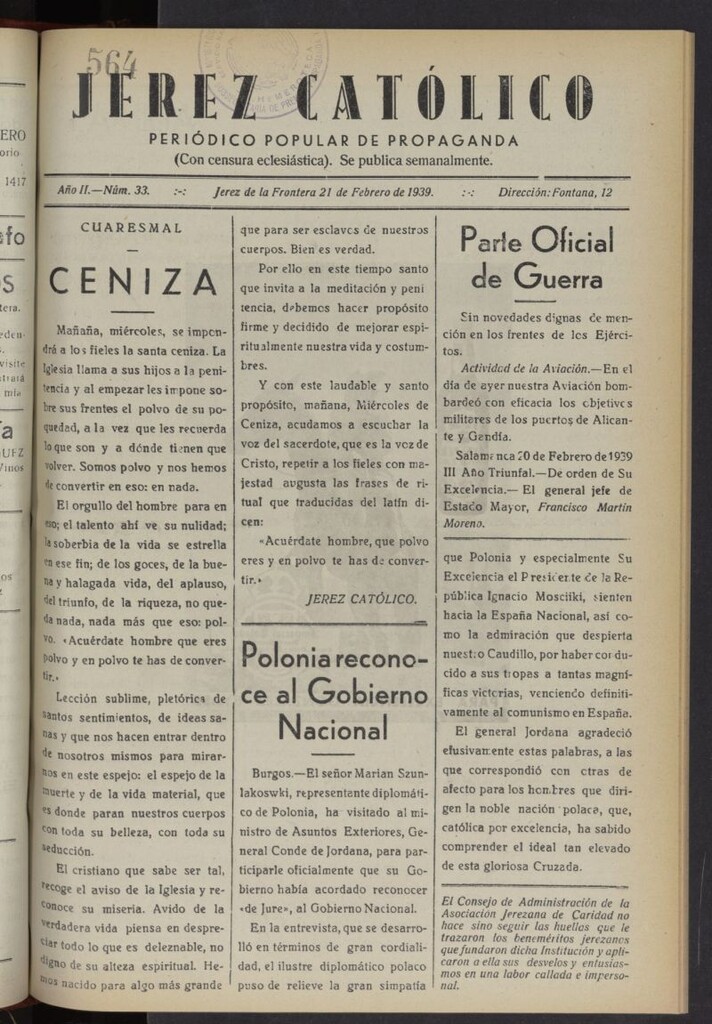 Miniatura de Jerez católico : periódico popular de propaganda del 21 de febrero de 1939, nº 33