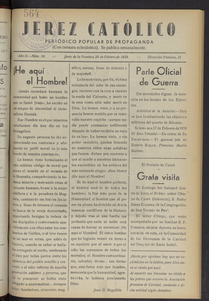 Miniatura de Jerez católico : periódico popular de propaganda del 28 de febrero de 1939, nº 34