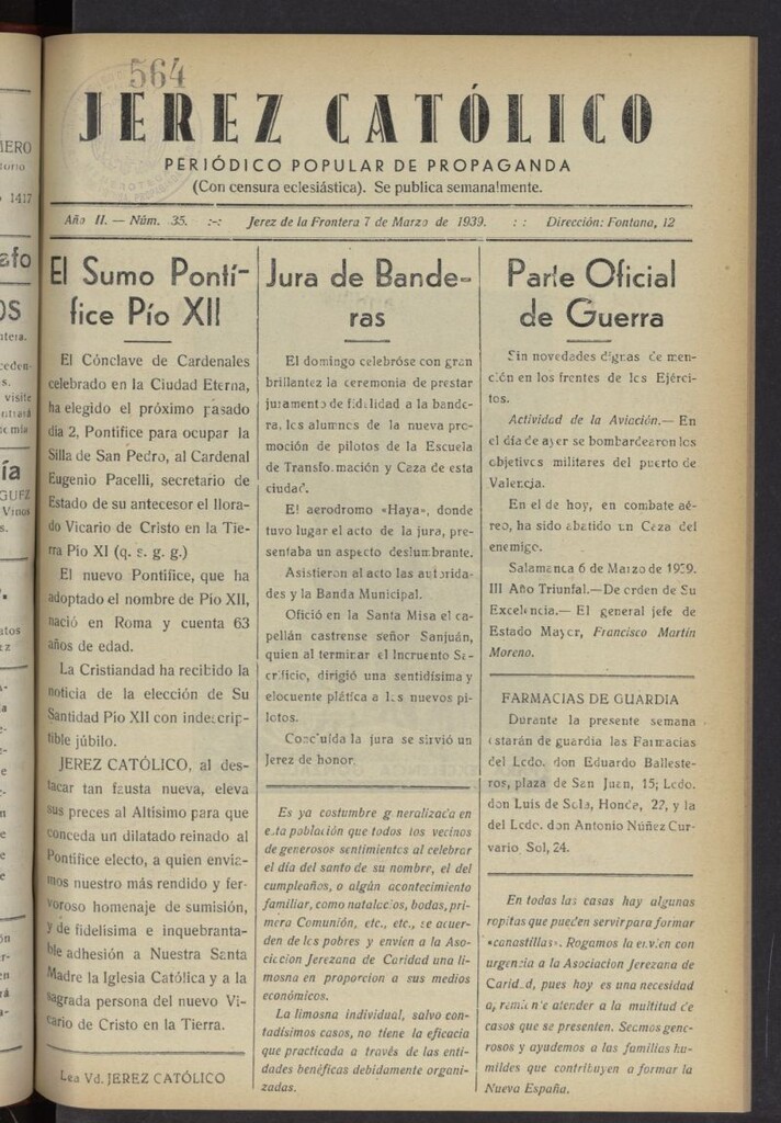 Miniatura de Jerez católico : periódico popular de propaganda del 7 de marzo de 1939, nº 35