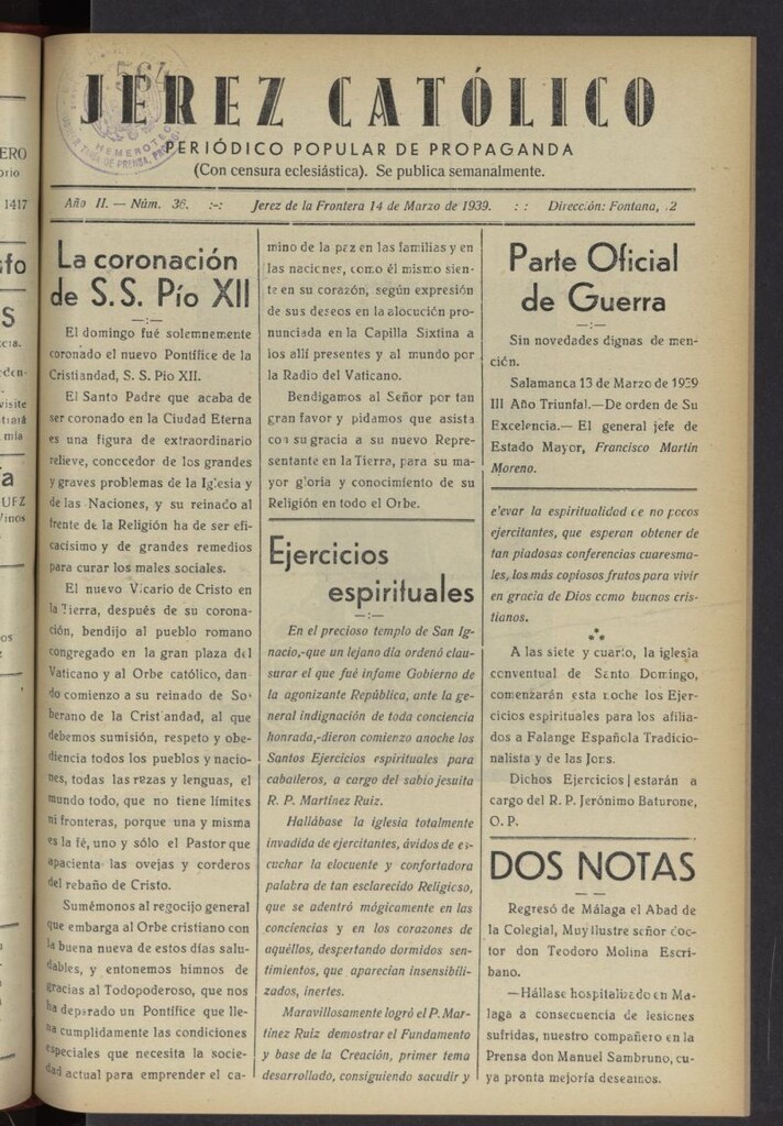 Miniatura de Jerez católico : periódico popular de propaganda del 14 de marzo de 1939, nº 36
