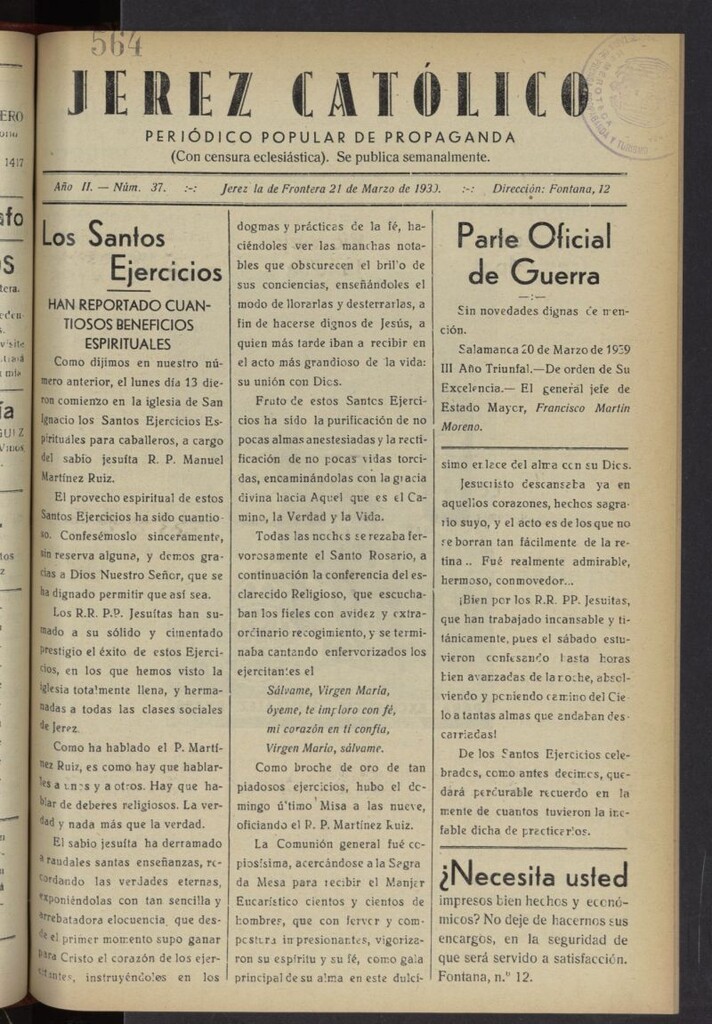 Miniatura de Jerez católico : periódico popular de propaganda del 21 de marzo de 1939, nº 37
