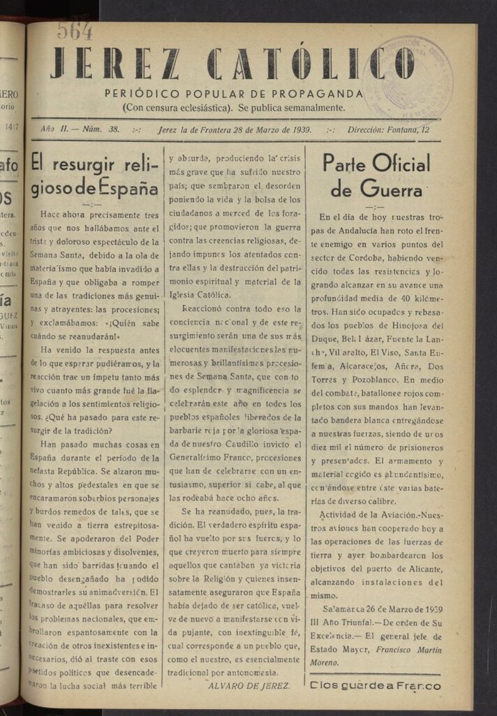 Miniatura de Jerez católico : periódico popular de propaganda del 28 de marzo de 1939, nº 38