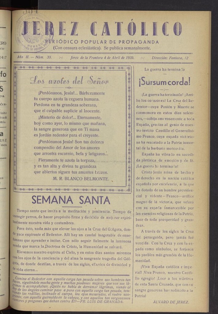 Miniatura de Jerez católico : periódico popular de propaganda del 4 de abril de 1939, nº 39