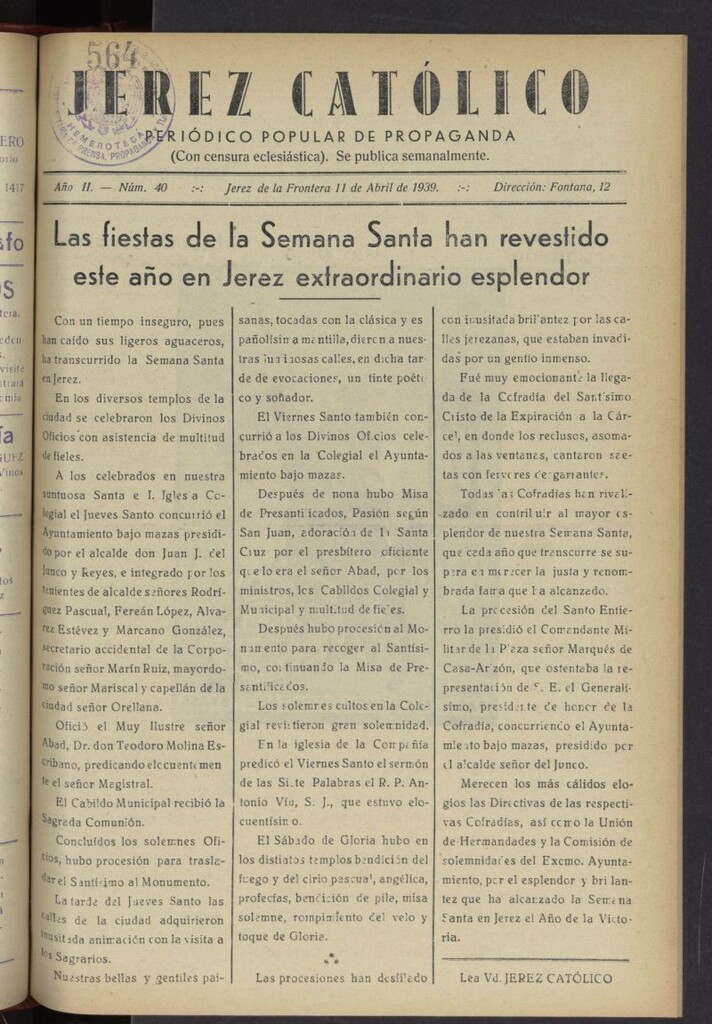 Miniatura de Jerez católico : periódico popular de propaganda del 11 de abril de 1939, nº 40
