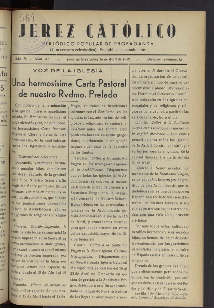 Miniatura de Jerez católico : periódico popular de propaganda del 18 de abril de 1939, nº 41
