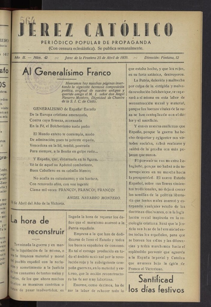 Miniatura de Jerez católico : periódico popular de propaganda del 25 de abril de 1939, nº 42