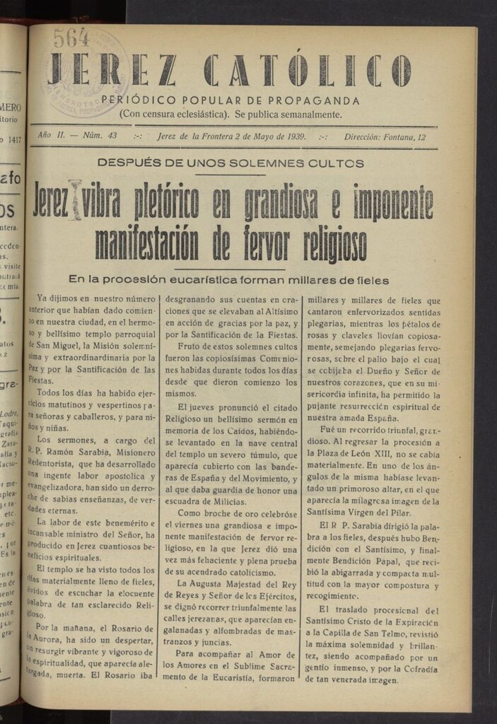 Miniatura de Jerez católico : periódico popular de propaganda del 2 de mayo de 1939, nº 43