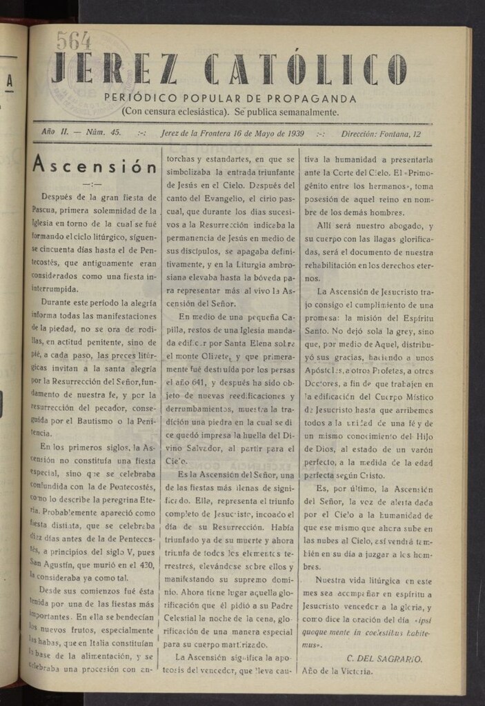 Miniatura de Jerez católico : periódico popular de propaganda del 16 de mayo de 1939, nº 45