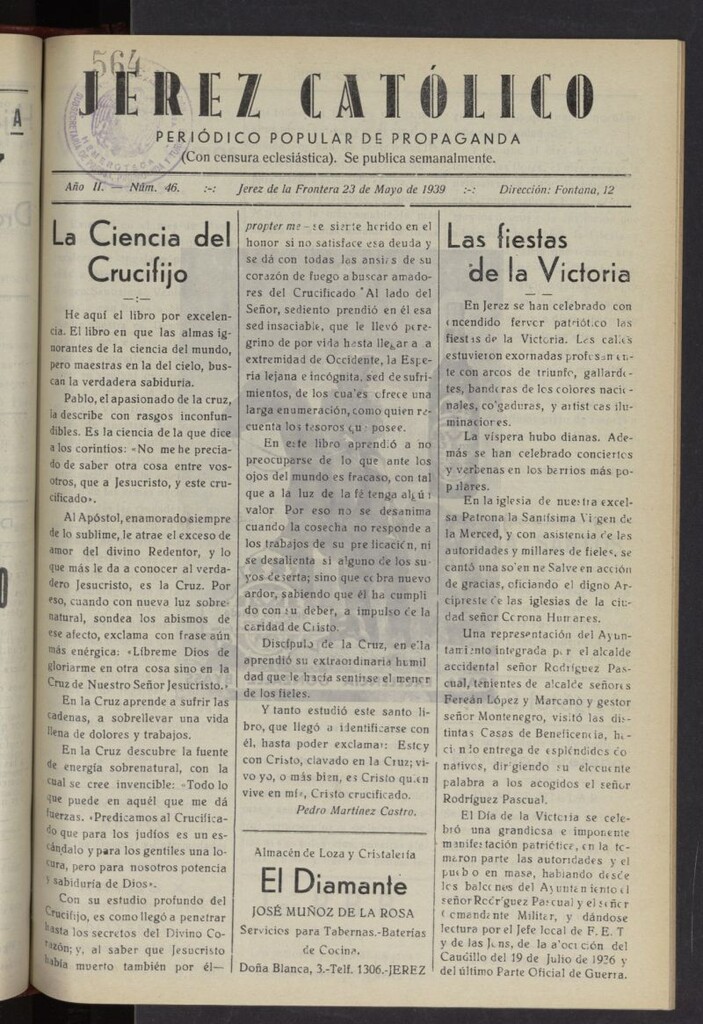 Miniatura de Jerez católico : periódico popular de propaganda del 23 de mayo de 1939, nº 46