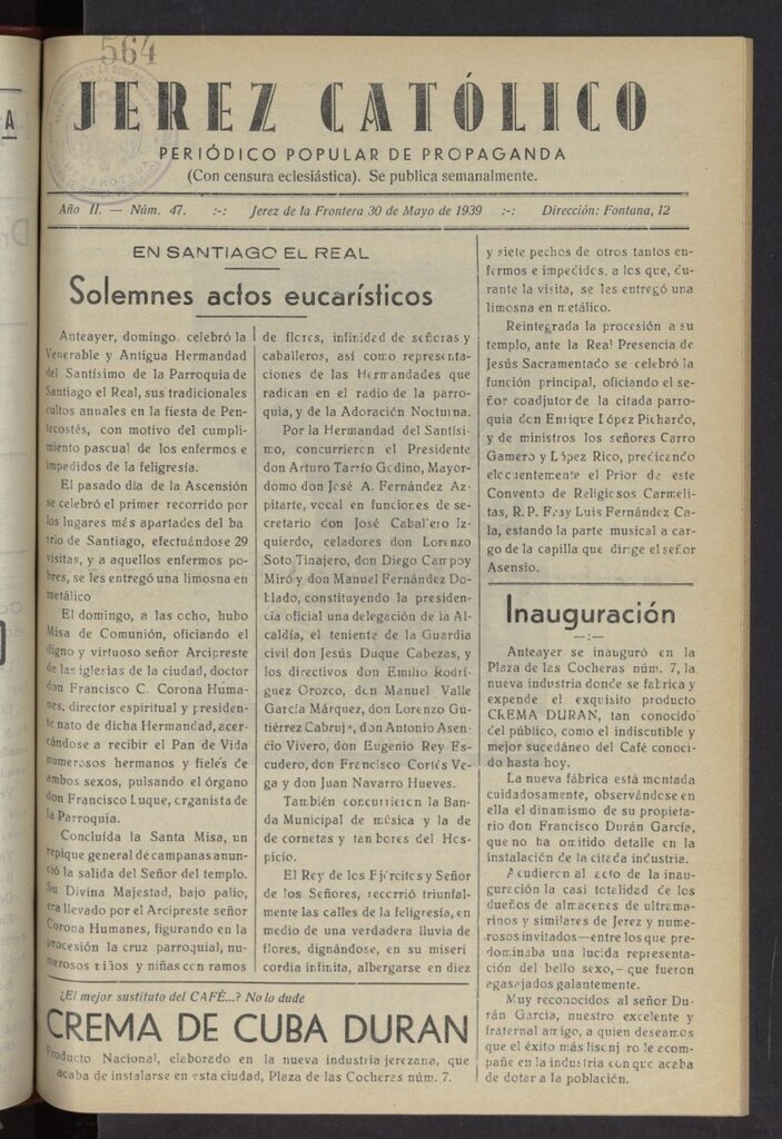 Miniatura de Jerez católico : periódico popular de propaganda del 30 de mayo de 1939, nº 47