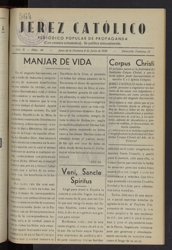 Miniatura de Jerez católico : periódico popular de propaganda del 6 de junio de 1939, nº 48