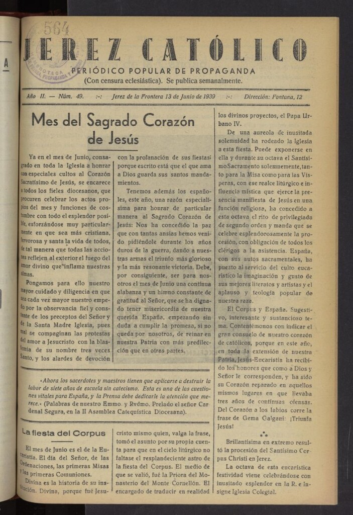Miniatura de Jerez católico : periódico popular de propaganda del 13 de junio de 1939, nº 49