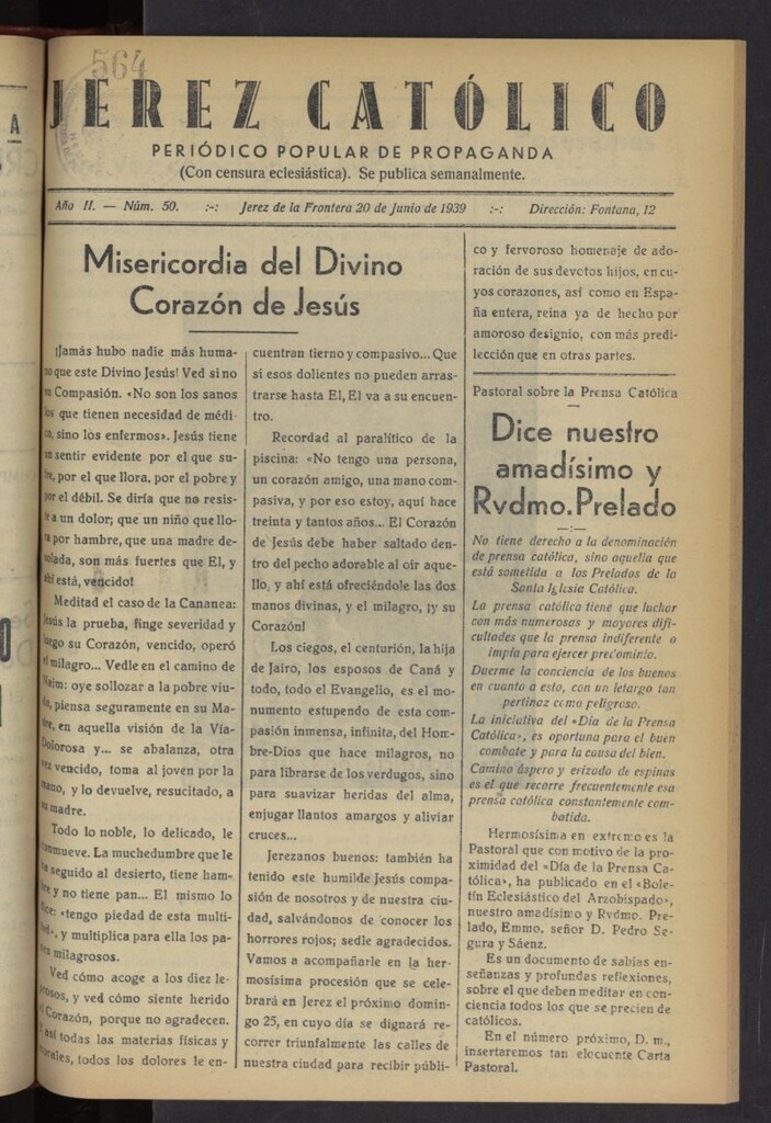 Miniatura de Jerez católico : periódico popular de propaganda del 20 de junio de 1939, nº 50