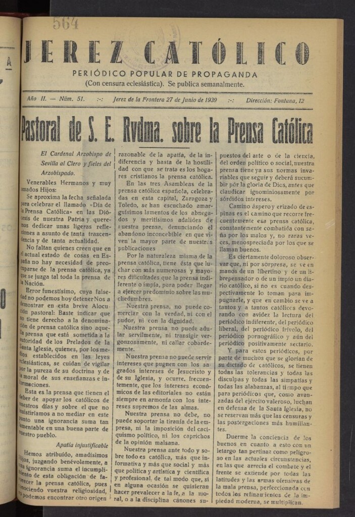Miniatura de Jerez católico : periódico popular de propaganda del 27 de junio de 1939, nº 51