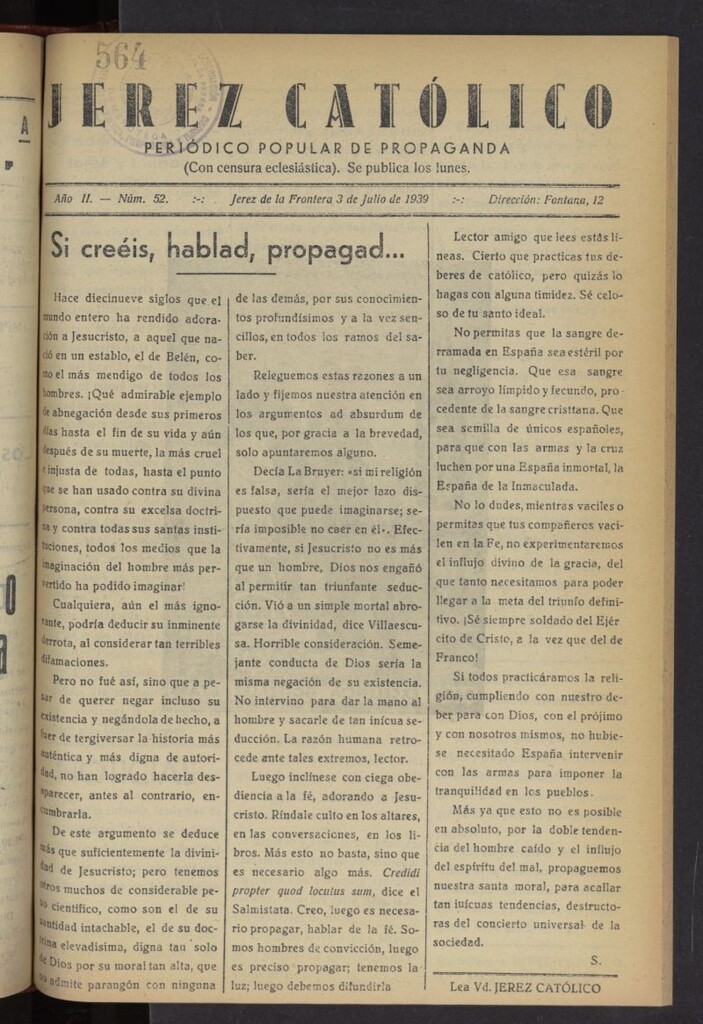 Miniatura de Jerez católico : periódico popular de propaganda del 3 de julio de 1939, nº 52