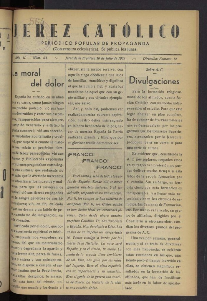 Miniatura de Jerez católico : periódico popular de propaganda del 10 de julio de 1939, nº 53