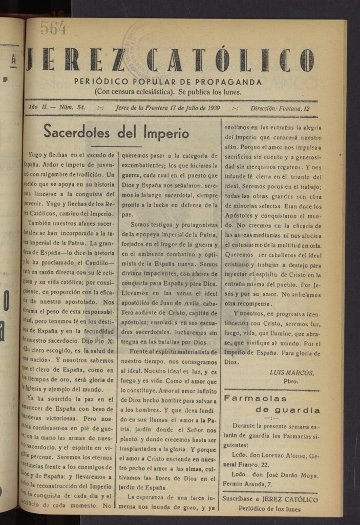 Miniatura de Jerez católico : periódico popular de propaganda del 17 de julio de 1939, nº 54