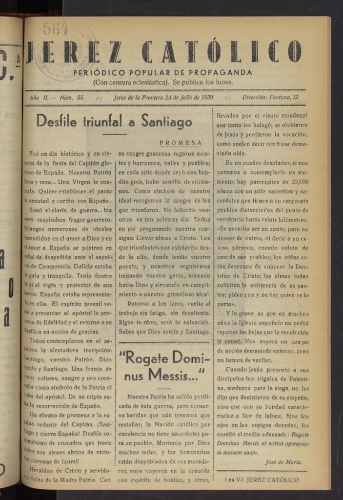 Miniatura de Jerez católico : periódico popular de propaganda del 24 de julio de 1939, nº 55