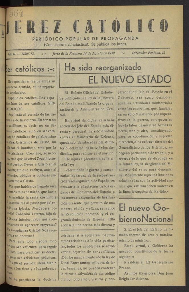 Miniatura de Jerez católico : periódico popular de propaganda del 14 de agosto de 1939, nº 58