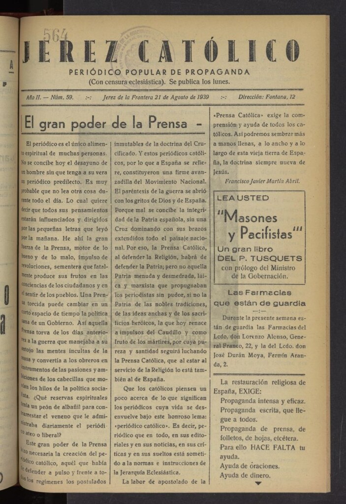 Miniatura de Jerez católico : periódico popular de propaganda del 21 de agosto de 1939, nº 59