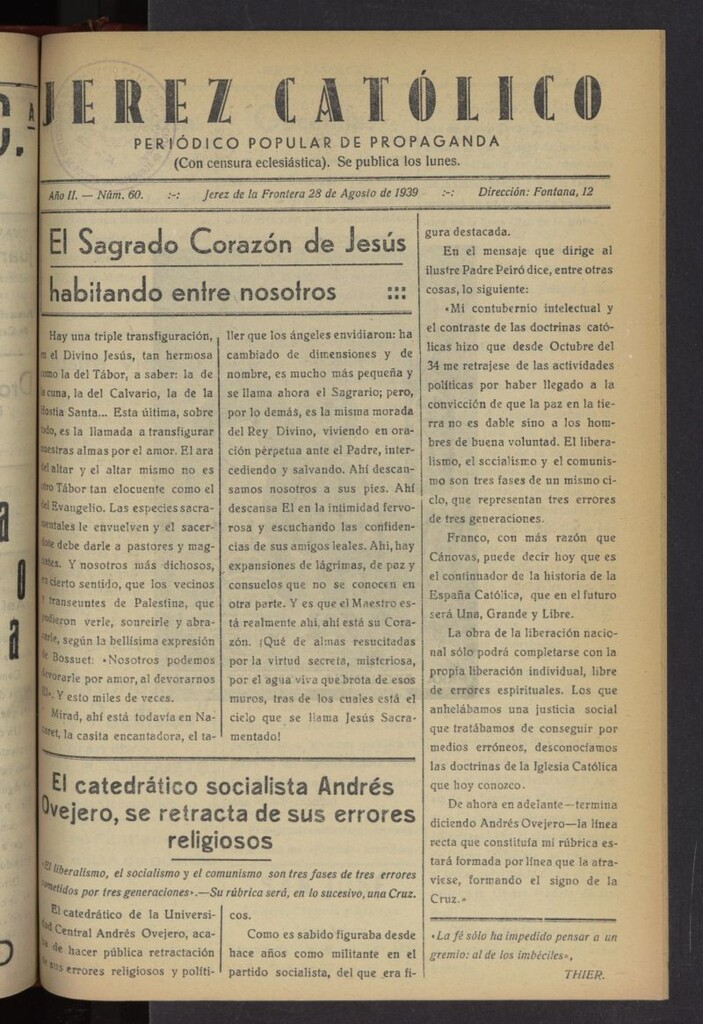 Miniatura de Jerez católico : periódico popular de propaganda del 28 de agosto de 1939, nº 60