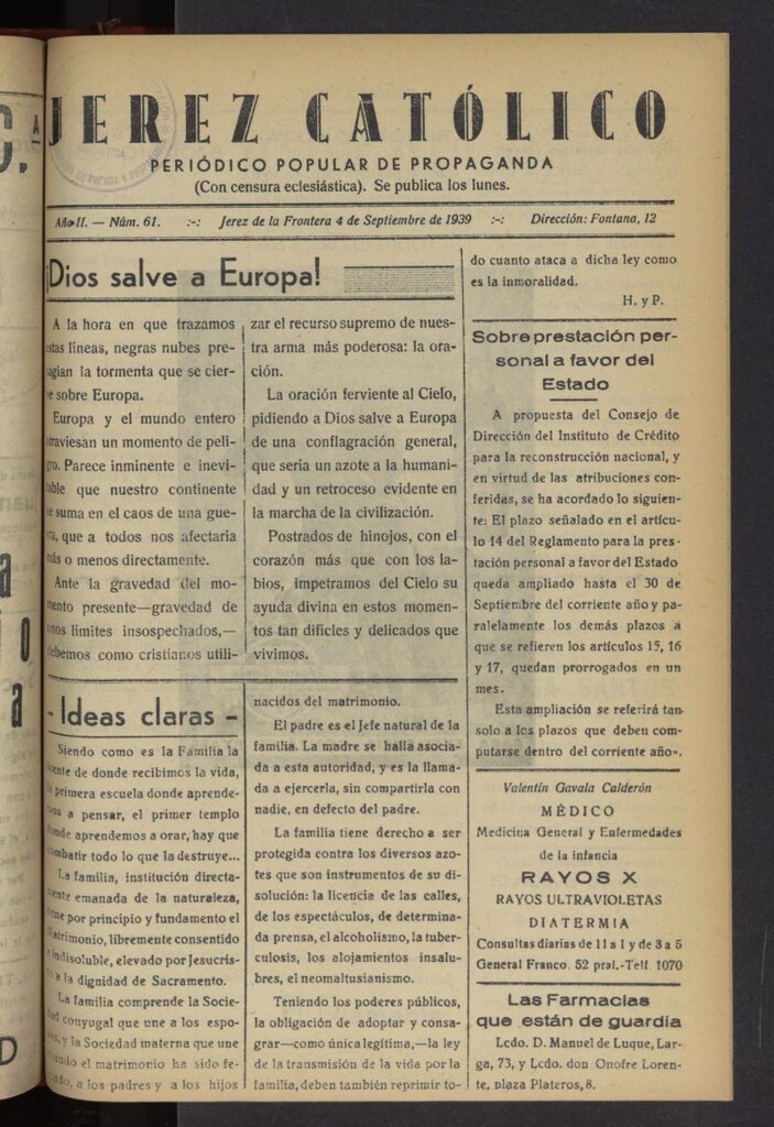 Miniatura de Jerez católico : periódico popular de propaganda del 4 de septiembre de 1939, nº 61