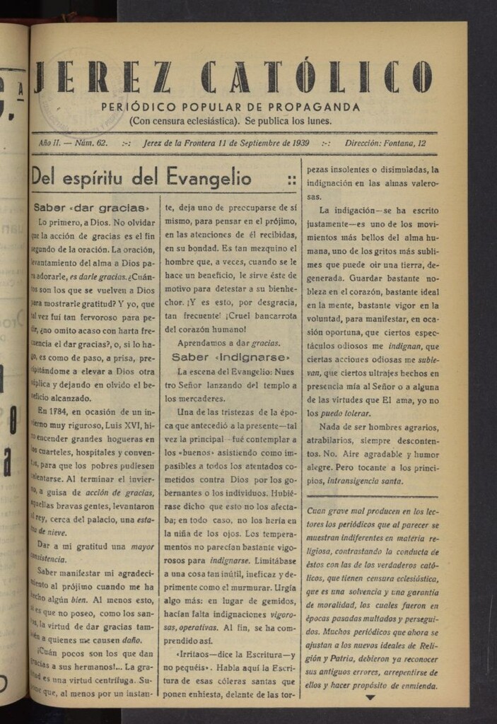 Miniatura de Jerez católico : periódico popular de propaganda del 11 de septiembre de 1939, nº 62