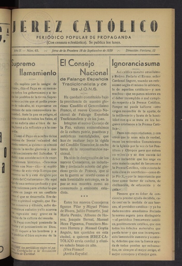 Miniatura de Jerez católico : periódico popular de propaganda del 18 de septiembre de 1939, nº 63