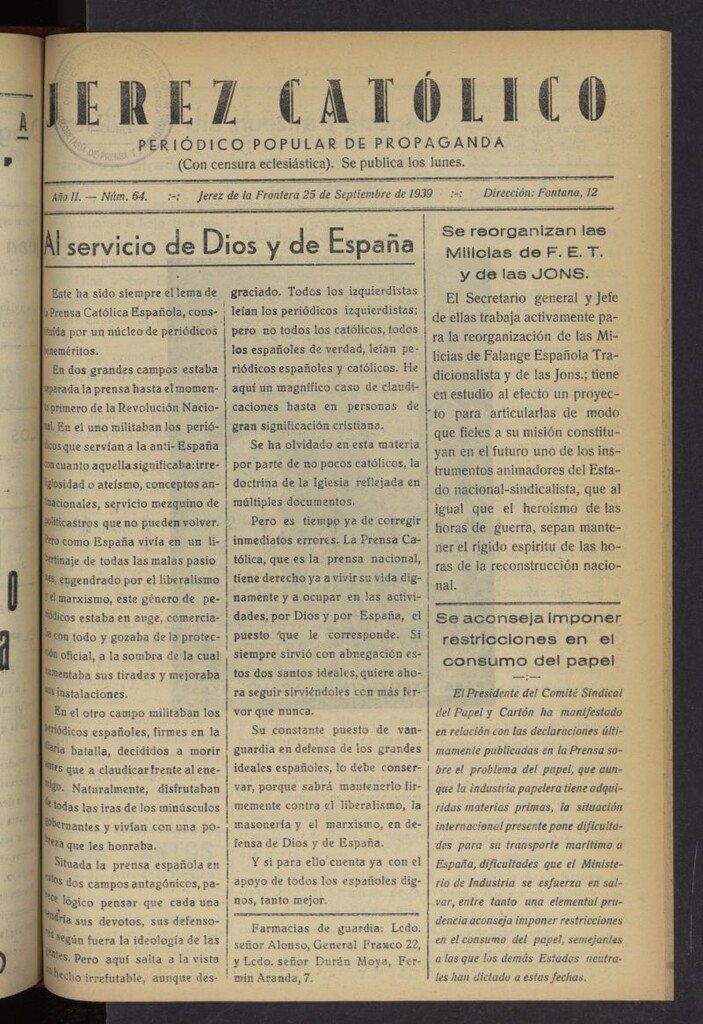 Miniatura de Jerez católico : periódico popular de propaganda del 25 de septiembre de 1939, nº 64