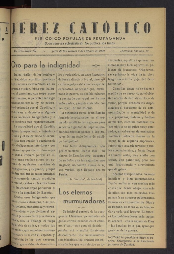 Miniatura de Jerez católico : periódico popular de propaganda del 2 de octubre de 1939, nº 65