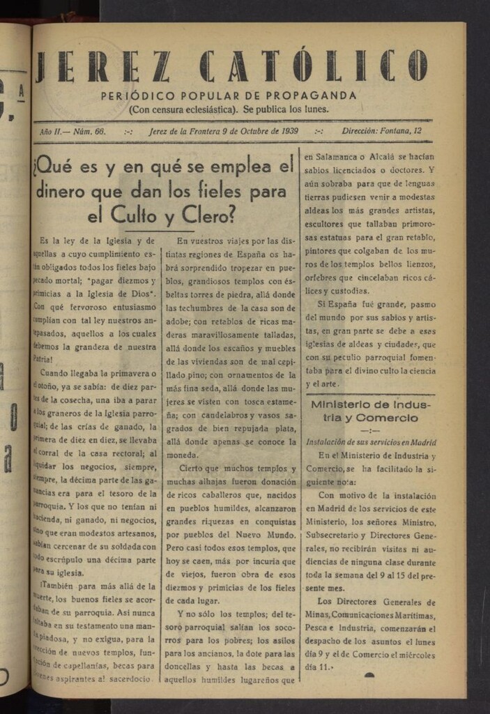 Miniatura de Jerez católico : periódico popular de propaganda del 9 de octubre de 1939, nº 66
