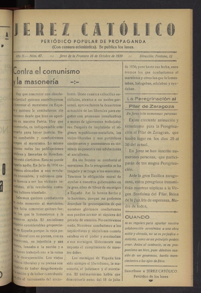 Miniatura de Jerez católico : periódico popular de propaganda del 16 de octubre de 1939, nº 67