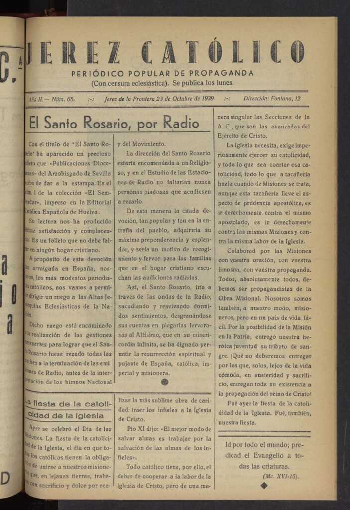 Miniatura de Jerez católico : periódico popular de propaganda del 23 de octubre de 1939, nº 68