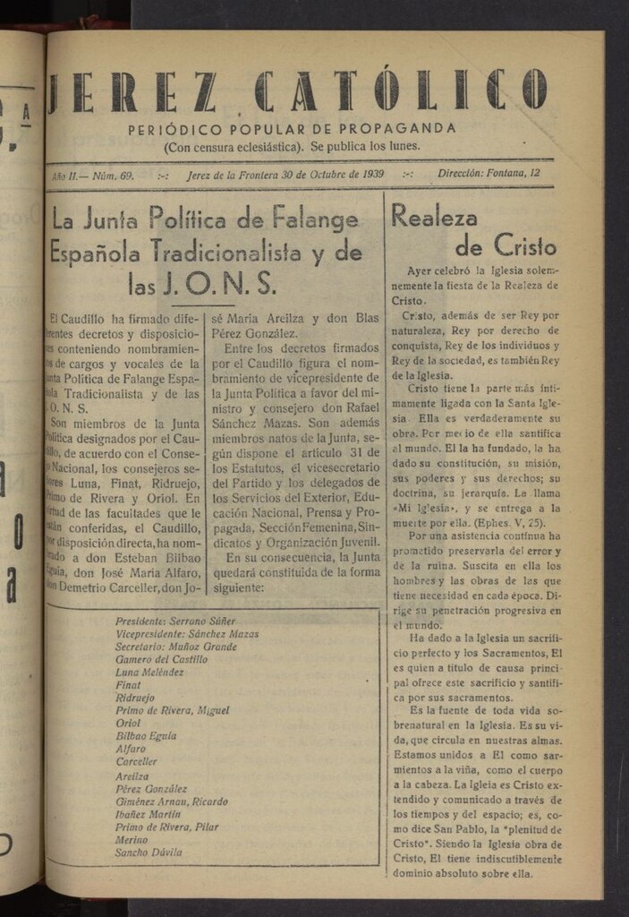 Miniatura de Jerez católico : periódico popular de propaganda del 30 de octubre de 1939, nº 69
