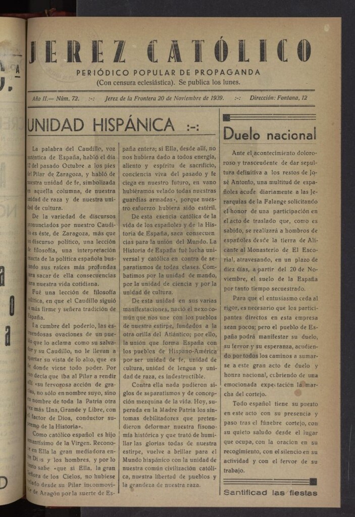 Miniatura de Jerez católico : periódico popular de propaganda del 20 de noviembre de 1939, nº 72