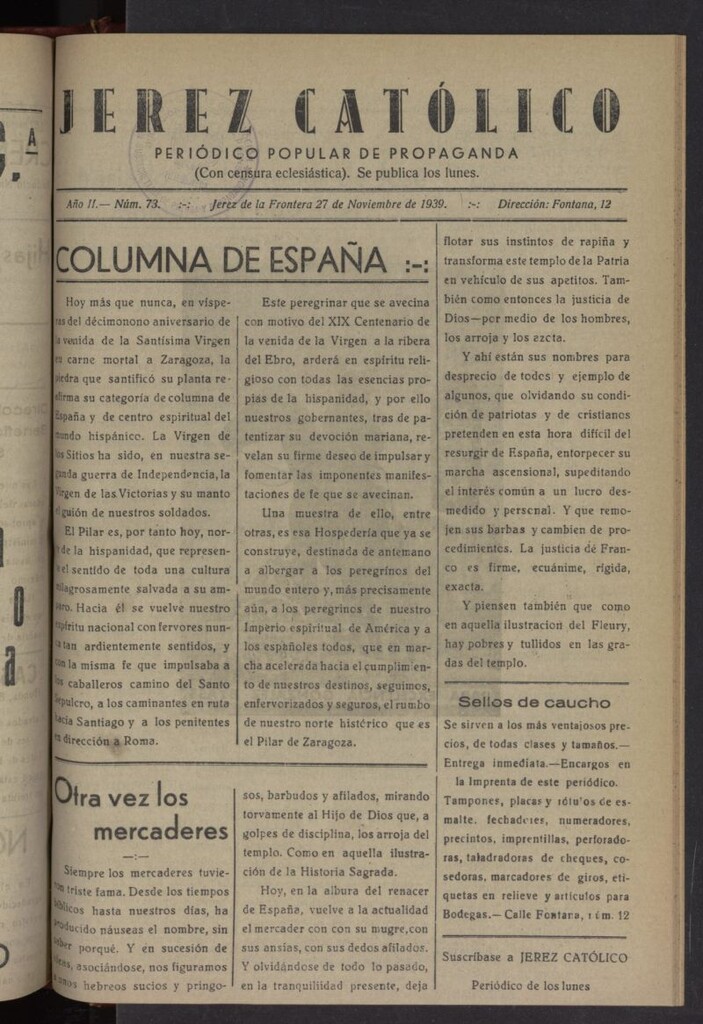 Miniatura de Jerez católico : periódico popular de propaganda del 27 de noviembre de 1939, nº 73