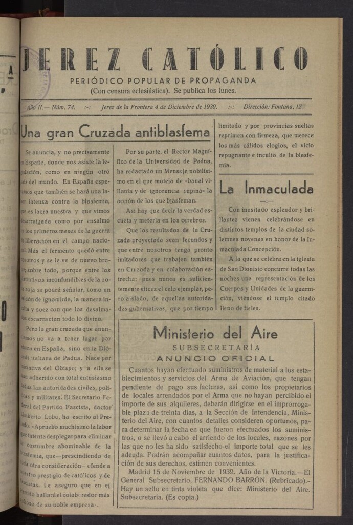 Miniatura de Jerez católico : periódico popular de propaganda del 4 de diciembre de 1939, nº 74