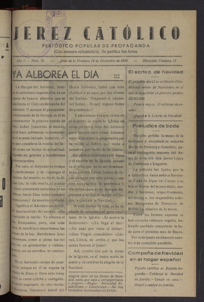 Miniatura de Jerez católico : periódico popular de propaganda del 18 de diciembre de 1939, nº 76