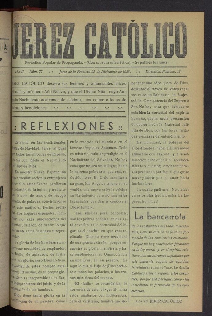 Miniatura de Jerez católico : periódico popular de propaganda del 25 de diciembre de 1939, nº 77