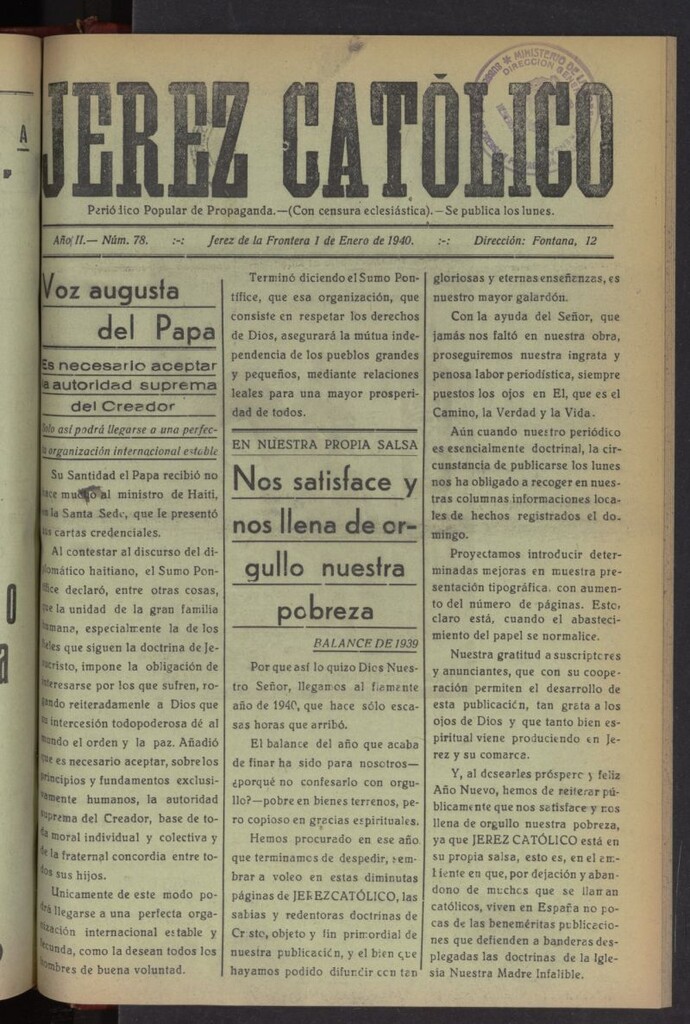 Miniatura de Jerez católico : periódico popular de propaganda del 1 de enero de 1940, nº 78