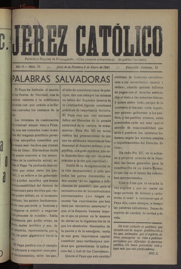 Miniatura de Jerez católico : periódico popular de propaganda del 8 de enero de 1940, nº 79