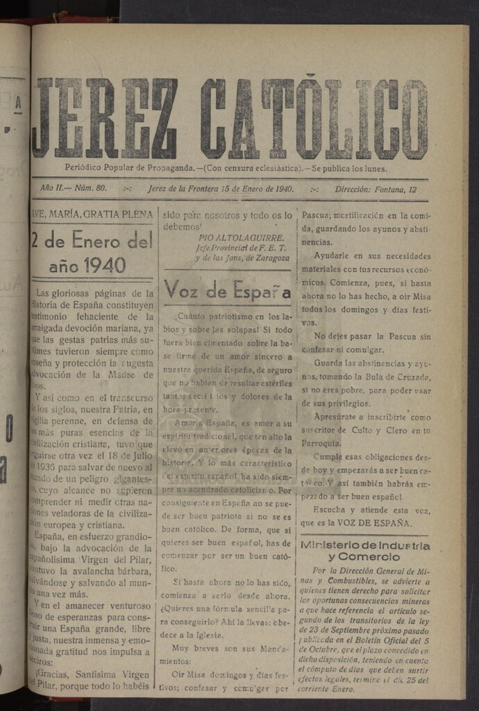 Miniatura de Jerez católico : periódico popular de propaganda del 15 de enero de 1940, nº 80
