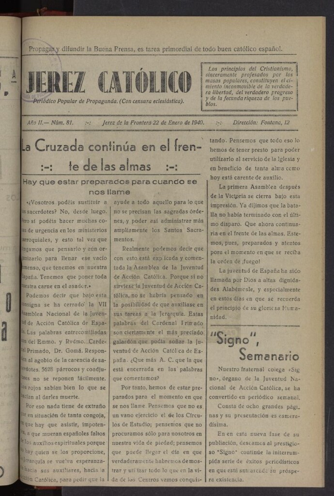 Miniatura de Jerez católico : periódico popular de propaganda del 22 de enero de 1940, nº 81