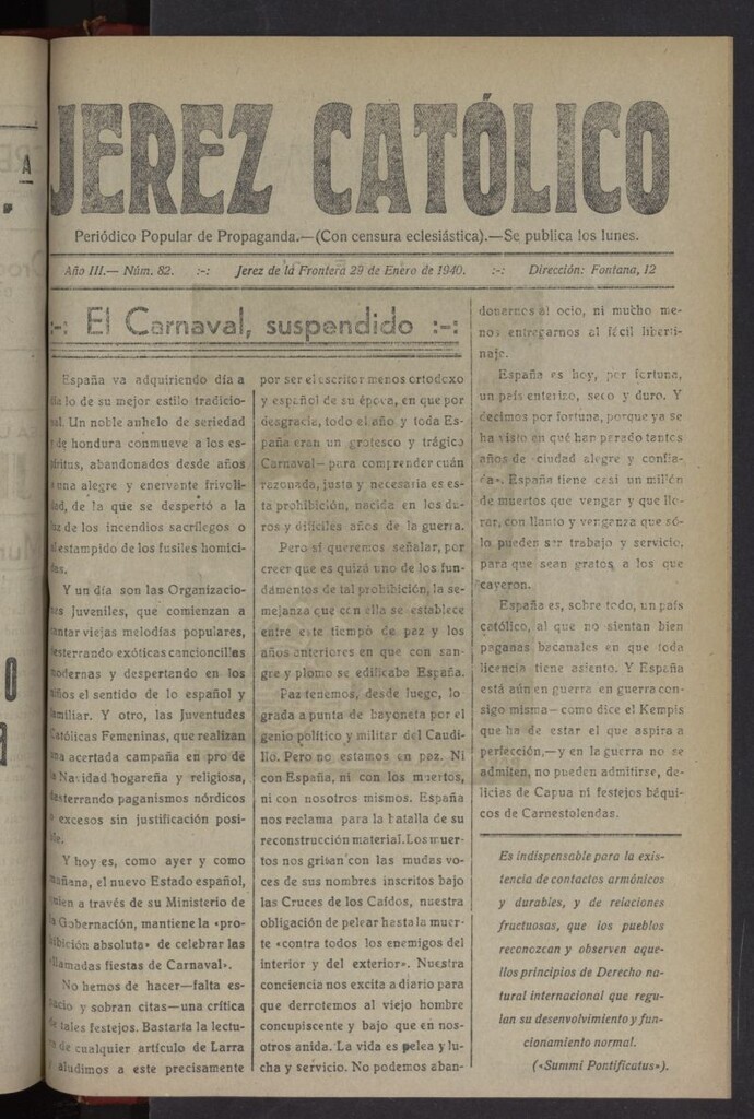 Miniatura de Jerez católico : periódico popular de propaganda del 29 de enero de 1940, nº 82