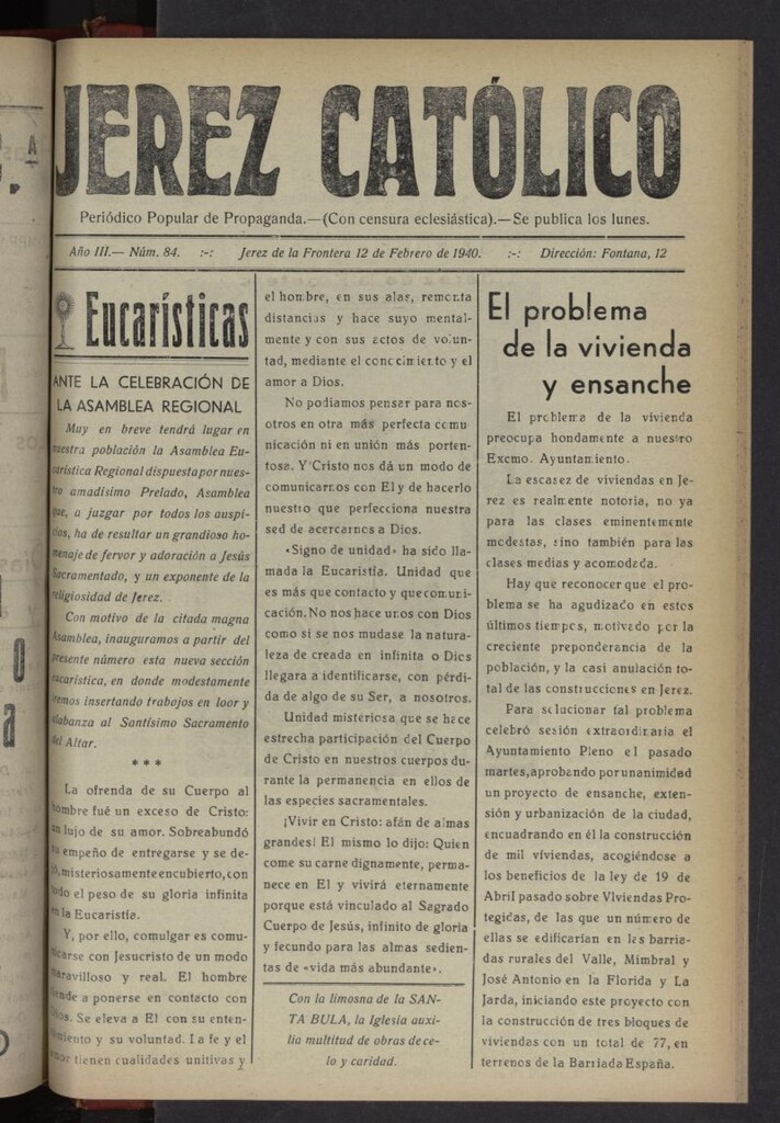 Miniatura de Jerez católico : periódico popular de propaganda del 12 de febrero de 1940, nº 84
