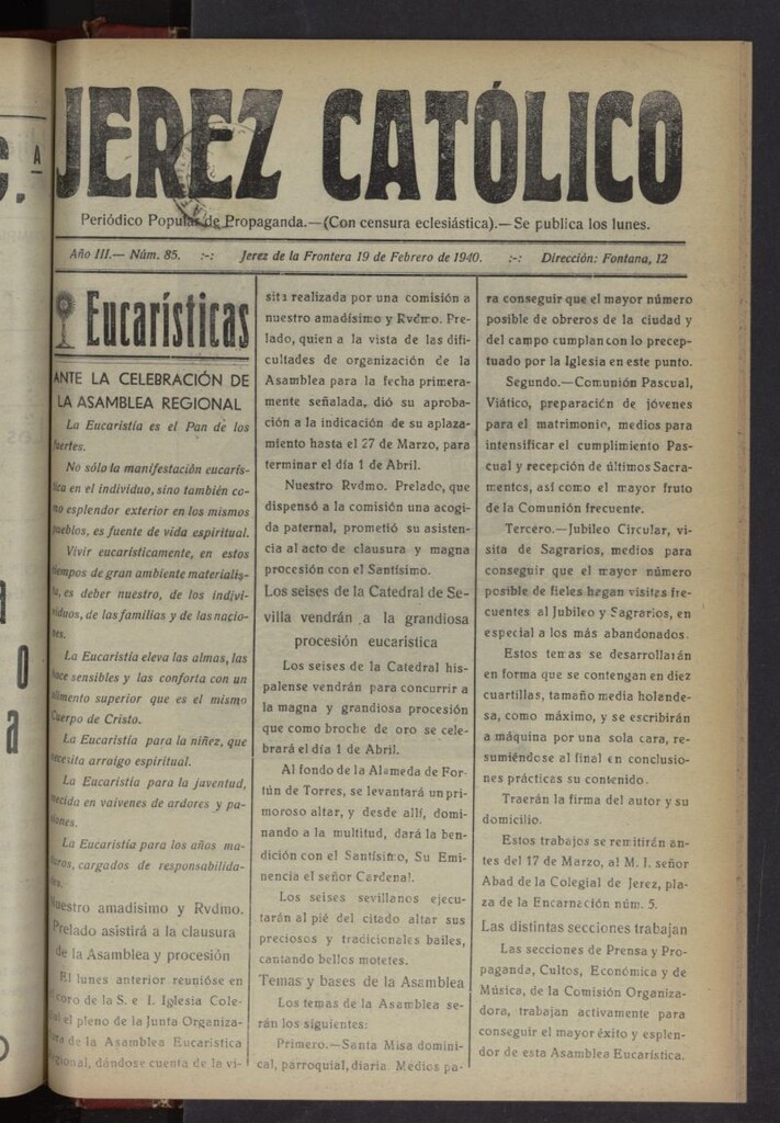 Miniatura de Jerez católico : periódico popular de propaganda del 19 de febrero de 1940, nº 85